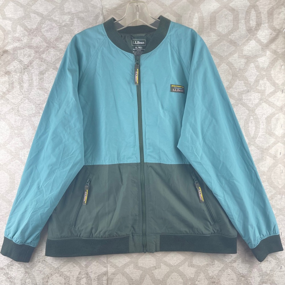 LL Bean Women XL Teal Green Colorblock Bomber Jacket Full‎ Zip Nylon 513512